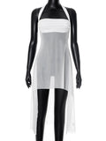 Mesh See Through Halter Dress For Women Sexy Ruched Big Backless Mini Dress Summer New Beach Vacation Dress Irregular