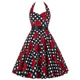 Summer Vintage Hepburn Style Dress Embroidered Neck Hanging Print High Waist Cotton No Sleeve Full Skirt Length A-Line Dress