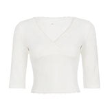 Pbong  Simple Basic High Street Casual V Neck Short Sleeve Shirts Y2k Aesthetic French Elegant Office Lady Clothes Harajuku Punk Tops