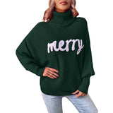 Pbong  Christmas Fashion Autumn Winter Knit Sweaters Turtleneck Sweater Women Elegant Merry Letter Print Long Sleeve Pullovers Female