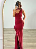 Sexy V Neck Long Dress For Women Halter Neck Ruched Suspender Dress With Ribbon Slim Banquet Dress High Slit Sleeveless
