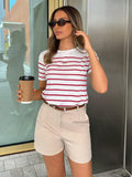 Women Striped Casual Versatile T-Shirt Graphic Tees Round Neck Loose Classic Short Sleeve Vacation Entertainment Commuter Top