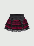 Pbong  Valentine's Day Gothic Jacquard Mesh Lace Patchwork Cake Hem Women Low Waist Mini Skirt