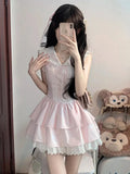 Pbong  Sweet Slim Pink Dress Women Cute Preppy Style Sailor Collar Mini Dress Casual Retro Japan Lace Patchwork Kawaii Cake Dress