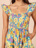 Pbong  Flower Printed Chic Mini Dress Flying Sleeve Backless Ruffles Women Dresses Sexy Holiday Floral Party Ladies Vestidos