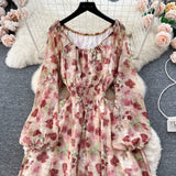 Pbong  Women Dress Spring and Autumn Fashion Print Floral Elastic Waist A-line Chiffon Dress Korean Beach Long Robe Femme