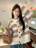 Women Cardigan Sweater Striped Crew Neck Button-up Sweater Jacket Comfy Cozy Slouchy Cardi Autumn Winter French Chic Outfit