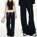 American High Street Popular Harajuku Lace Spliced Drastring Design Pant Casual Long Baggy Wide Leg Trouserst Y2k Girl Bottoms