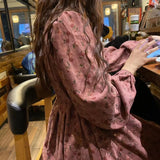 Pbong  Autumn New Corduroy Floral Dress Looks Slim High Waisted Drawstring Sweet Elegant Printed Round Neck Loose Long Sleeved Dresses