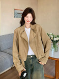 Retro Biker Faux Suede Jacket Women Fall Casual Long Sleeve Slim Short Coat Streetwear American Hip Hop Harajuku Tops New