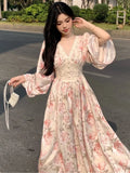 Autumn Women Floral Casual Beach Evening Party Long Dresses V Neck Vintage A-line Dress Korean Fashion Sweet Vestidos Mujer New