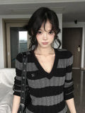 V Neck Vintage Striped Sweater Women Sexy Slim Long Sleeve Y2K Knitted Jumper American Retro Harajuku Letter Fall Pullover