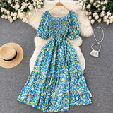 Pbong  Women Fashion Printed Elastic Waist Split A-line Long Dress Vintage Puff Sleeve Chic Lady Dress Summer Beach Outfits