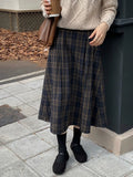 Pbong  Japanese Vintage Long Skirts Woolen Fabric Pleated Patchwork Plaid High Waist Skirt Autumn Winter New Slim Women's Clothing