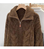 Women Autumn Winter New Lazy Style Loose Knitted Cardigan Retro Solid Color Double Zipper Turn-down Collar Sweater New Women Top