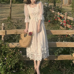 Summer Vintage French Style White Lace Lolita Fairy Elegant Dresses for Women Casual Square Collar Slim Midi Dress Vestidos