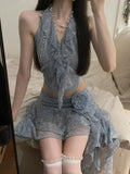 Sweet Hot Girl Sexy Suit Women's Summer Ruffle Edge Halter Neck Top Irregular Short Skirt Two-piece Set Fashion Female Clothes