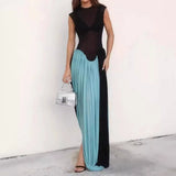 Pbong   Black Mesh Sheer Patchwork Blue Long Luxury Dress For Summer Women Vacation Clothing Vestidos Elegantes Para Mujeres