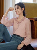 Elegant 3D Floral Blouse Women Vintage Sweet O Neck Long Sleeve Shirt Fall French Retro Casual Female Ruffles All Match Pink Top