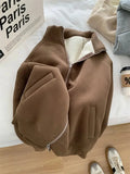Pbong  Thickened Lamb Velvet Sweatshirt Jacket Zipper Collar Warm Casual Autumn Winter Korean Style Commute Versatile Women's Clothing