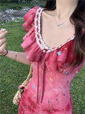 Women Print Flower Red Vacation Dress Elegant V-Neck Ruffled Long Evening Party Dresses Vintage Slim A-Line Vestidos Mjuer New