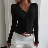 Pbong  New Autumn Solid Color Women‘s Tops Fashion Deep V Neck Lace Splicing Long Sleeve Cardigan Slimming Versatile Ladie T-Shirt