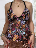 Pbong  Women Flower Sequined Tank Top Halter V Neck Backless Tie-up Camisole Fashion Sexy Club Vest Summer