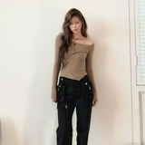 Chic Design Asymmetical O Neck Hollow Out Tops Front Cross Draped Office Lady French Shirts Y2k Harajuku American Punk Clothes
