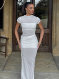 Mesh Splice Long Dress For Women Short Sleeve Slim See Through Ruched Dress Sexy Elegant Solid Evening Party Dress Female