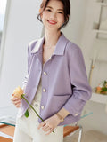 Elegant Slim Purple Jacket Women Sweet Long Sleeve Small Fragrance Coat Casual Fall Winter Lady French Pockets Fashion Tops
