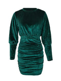 Pbong  Women's Fall Velvet Dress Solid Color Round Neck Lantern Long Sleeve Ruched Bodycon Mini Dresses Party Elegant