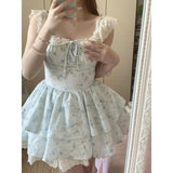 Pbong  WomenS Pink Floral Lace Ruffled Mini Dress Square Neck Tiered Skirt Sweet Lolita Style Party Dress