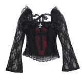 Mall Gothic Vintage Lace T-shirt Women Palace Style Sexy Cross Lace Patchwork Square Collar Flare Sleeve Crop Tee Tops