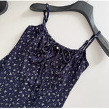 Pbong   Dark Blue Floral Dress Short Sexy Lace-up Bow Squared Collar Mini Dress Korean Chic Hot Girl Summer Beach Spaghetti Strap Dress