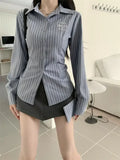 New Spring Autumn All Match Korean High Street Shirt Fashion Embroidery Vertical Stripes Blouses Y2k Harajuku Preppy Style Cloth