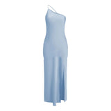 New Summer Fashion Backless Vacation Party Vestidos Satin Sexy Slim Slant Shoulder Solid Color Slit Casual Long Dress Vestidos