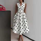 Pbong  Summer Polka Dot Print Long Dresses For Women Fashion Sleeveless V-neck Slim Dress Elegant