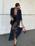 Fashion Sexy Lace Perspective Thin Suspender Long Dress Solid Color Ruffle Black Basic Women Dress Vacation 2025 Summer New