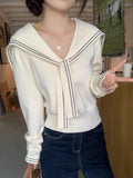 Sweet Sailor Collar Sweaters Women Vintage Preppy Style Fall Knitted Jumpers Casual Long Sleeve Lady Loose Striped Pullover New