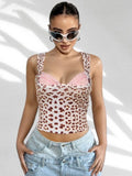 Leopard Print Lace Spliced Tanks Top Women's Plunge Sexy Halter Neck Slim Vest Hot Girl Casual Club Party Top Y2K Female