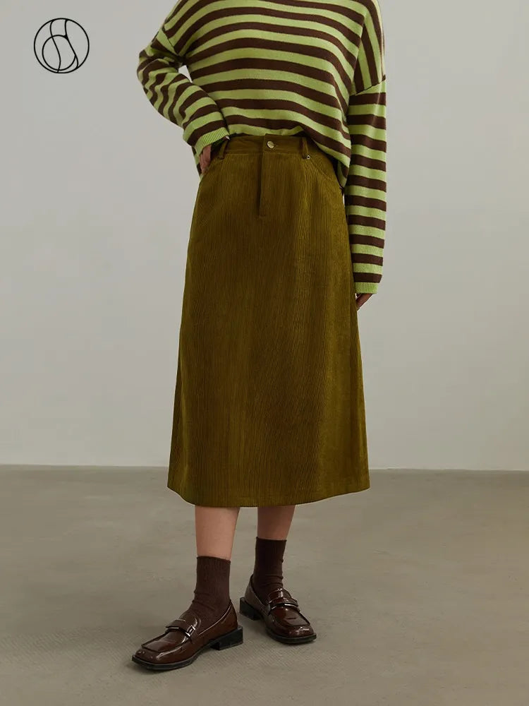 Corduroy Retro High Waist Skirt Women Autumn Winter Back Slit Commuter Casual Solid Color Length-option Female Skirts
