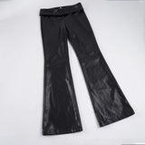 Pbong  Basic Solid Pu Leather Flare Pants Casual Slim Folds Low-Waisted Wide Leg Pants Women Autumn Spring Streetwear Office Lady