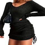 Pbong  Women's autumn and winter sexy slim fit ribbed skirt knitted sweater V-neck long sleeved pleated drawstring base skirt
