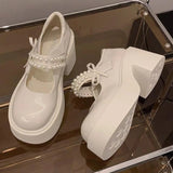Pbong  Pink Thick Bottom Mary Jane Shoes Women Autumn New Sweet Pumps Fashion Pearl Retro Thick High Heel Loafers Women's Shoes