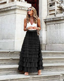 New Casual Womens Solid Ball Gown Long Skirt Tulle High Waist Pleated Elegant Ladies Wild Mesh Dating Maxi Skirts Drop