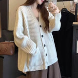 Oversized Cardigan Women Long Sleeve Pocket Front Button-up Rib Knit Sweater Jacket Teen-girl Autumn Winter Preppy Daily Outfit