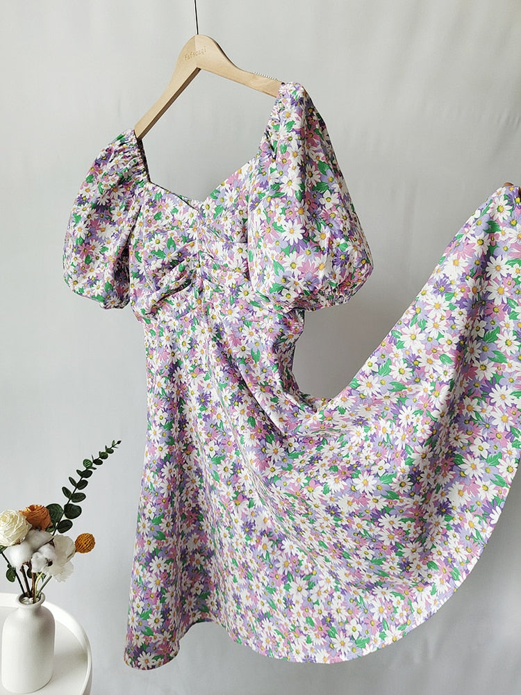 Sweet Floral Print Dresses for Women Summer Sexy Slim Holiday Beach Dress Pure Cotton Puff Sleeves Deep V Neck A Line Dress