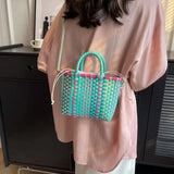 Pbong  Fashion Colorful Woven Mini Tote Bag with Drawstring Closure Lightweight Large Capacity Crossbody Purse for Summer Beach Outings