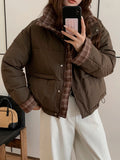 Winter Retro Puffy Parkas Women Warm Thick Plaid Patchwork Cute Coat Casual Preppy Style Korean Long Sleeve Cotton Jackets