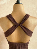 Pbong  Brown Textured Halter Mini Dress with V-Neck and Waist Chain Detail